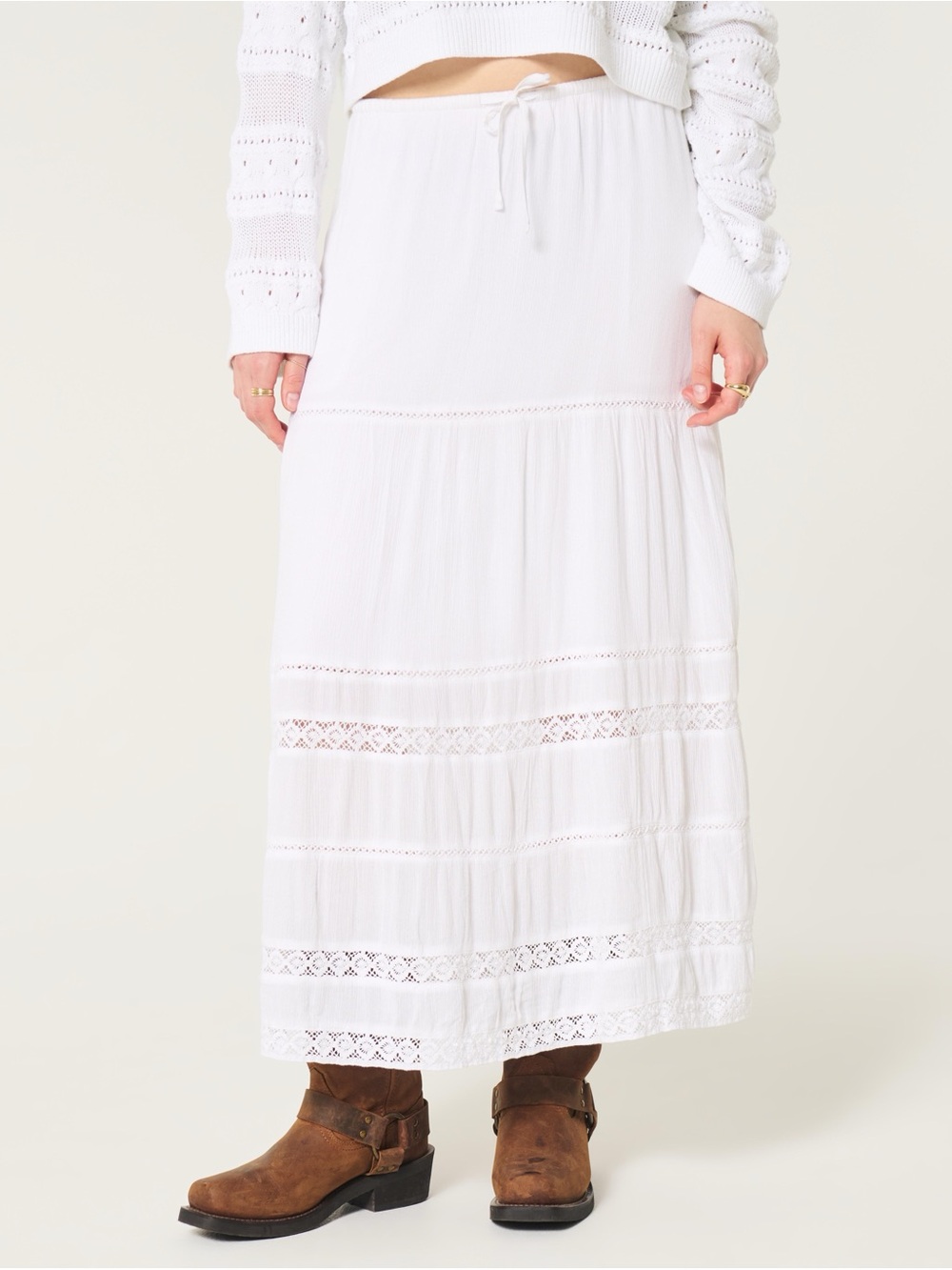 Hollister White Maxi Tiered Lace-Trim Skirt